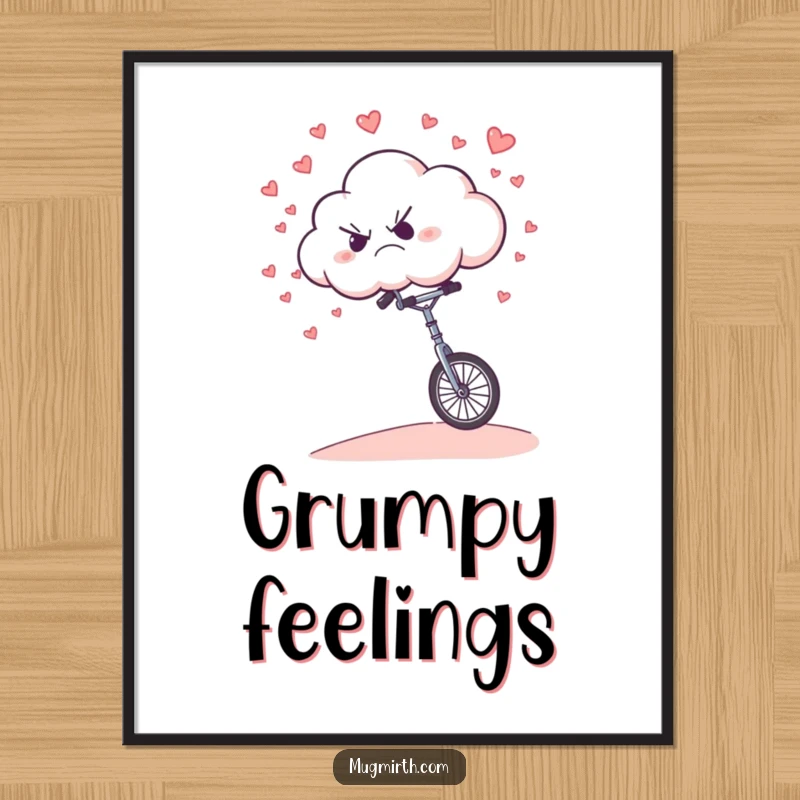 Funny Digital Art Print: A grumpy cloud humorously riding a unicycle downhill, raining small hearts.