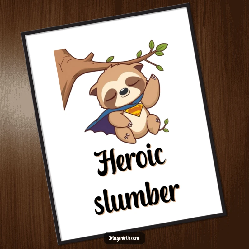 Funny Digital Art Print: A sleepy sloth wearing a superhero cape, humorously about to fall off a tree branch.
