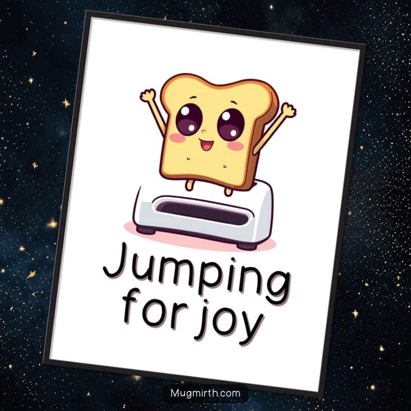 Funny digital art: toast with wide eyes dramatically leaps from a toaster, an amusing and vibrant graphic.