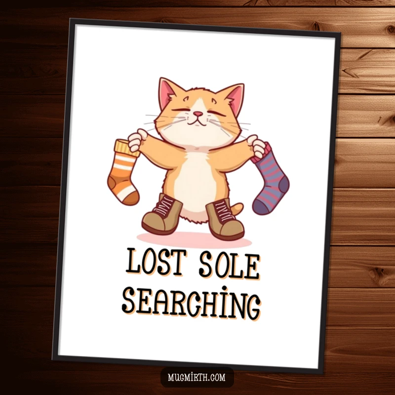 Funny digital art: a bewildered cat wearing boots tries to juggle three socks, an amusing and high-resolution image.