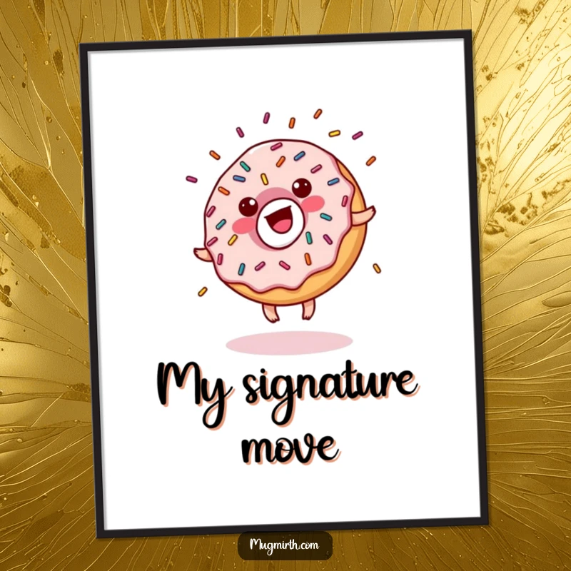 Funny donut digital art print, sprinkles doing a cartwheel, glaze flying, a humorous and energetic graphic.