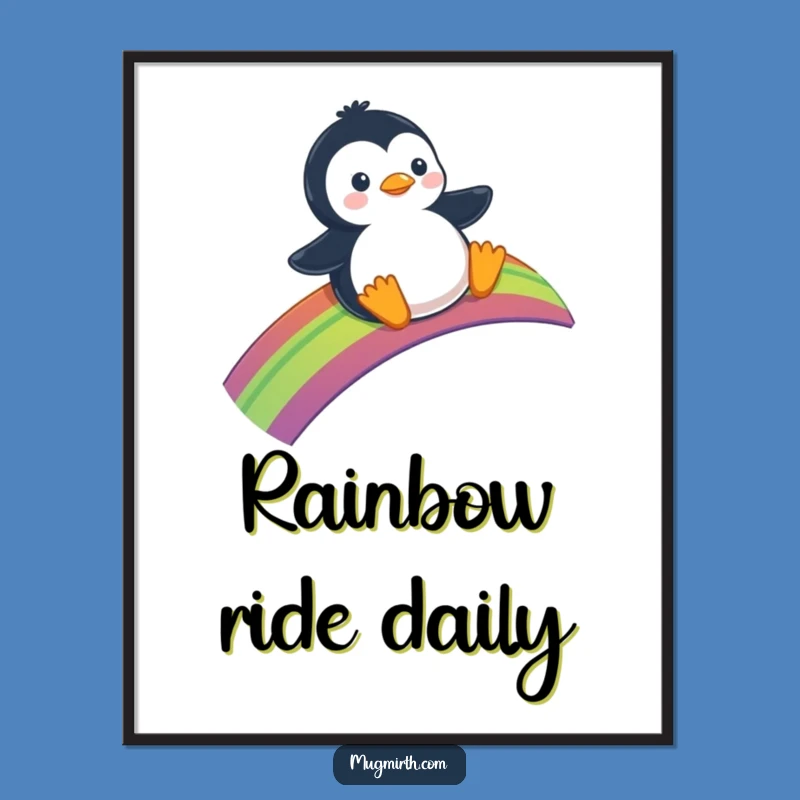 Funny Penguin Rainbow Digital Art - Whimsical Slider Print, Instant Gift