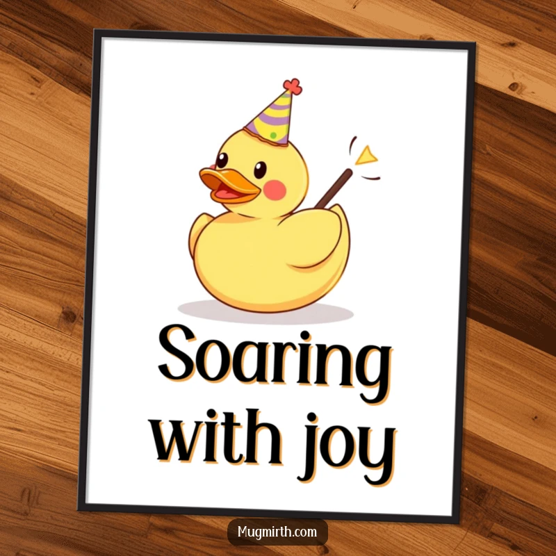 Funny digital art: a rubber duck wearing a party hat is launched from a slingshot, an amusing and vibrant graphic.