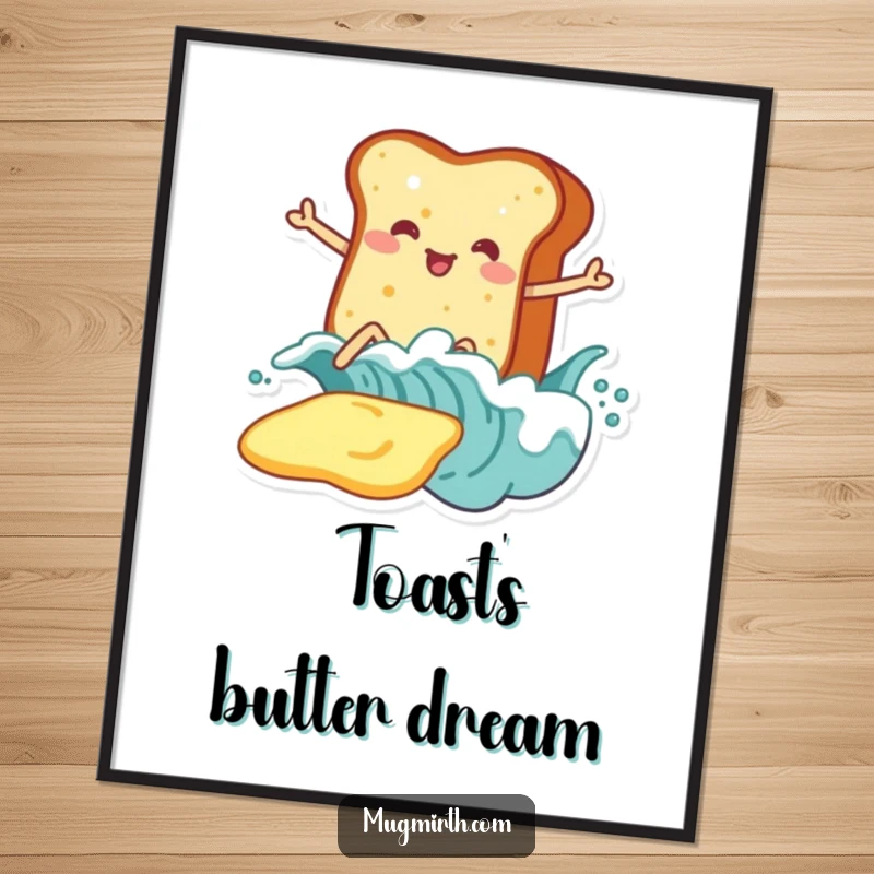 Funny Toast Digital Art: Playful print of toast on legs surfing a giant wave of butter, breakfast art.