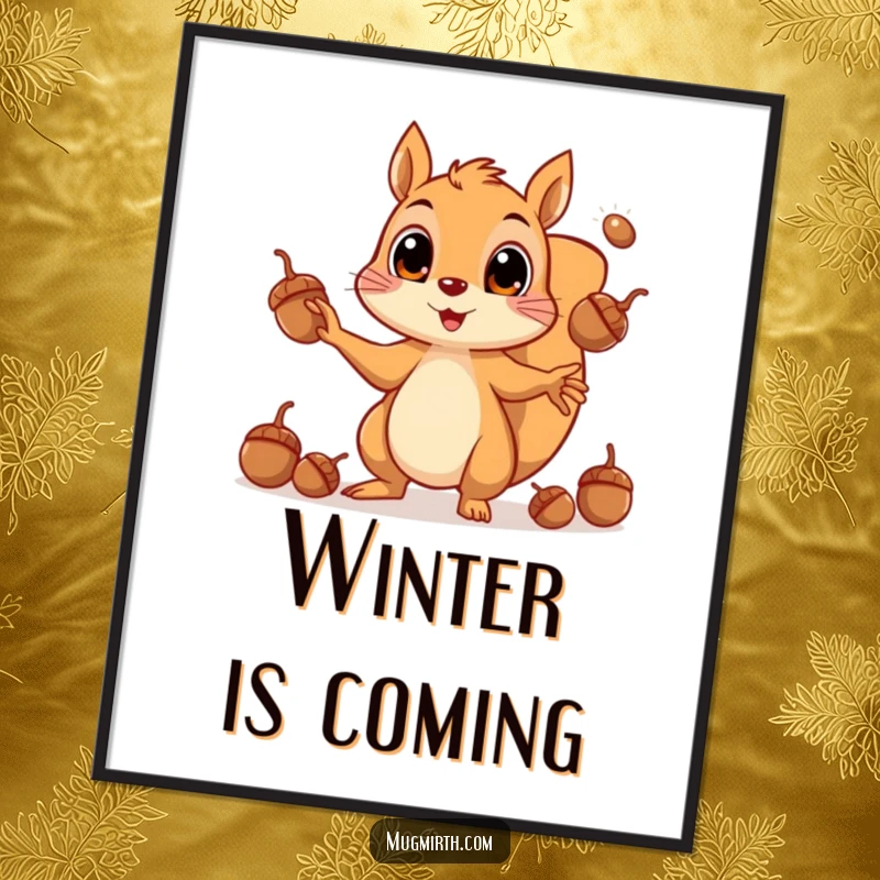 Funny digital art print of a squirrel frantically juggling acorns with wide eyes, a comical and energetic piece.