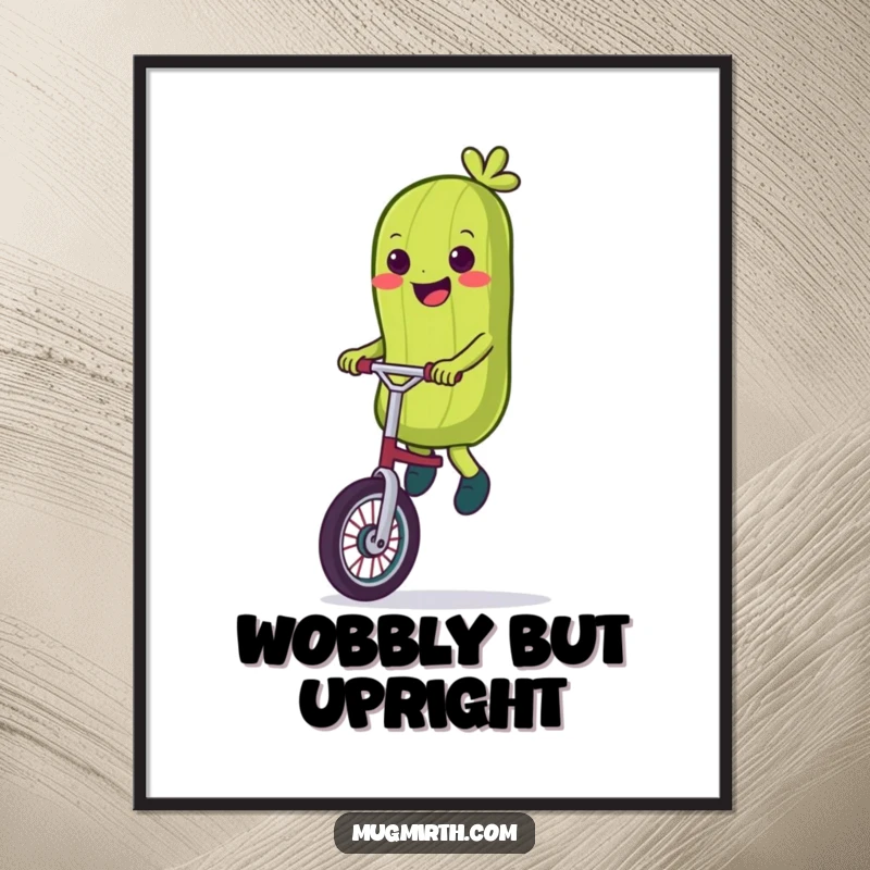 Funny Digital Art: An illustration of a smiling pickle wobbling on a unicycle.