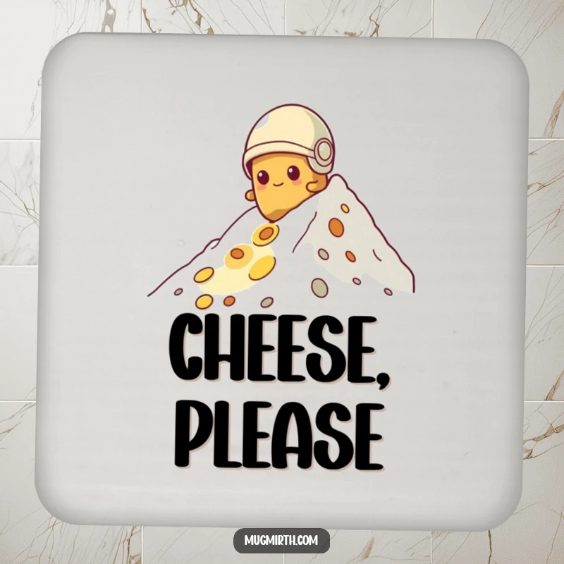 Funny potato coaster, tiny helmet, determinedly climbing a mountain of cheese, a whimsical and protective accessory.