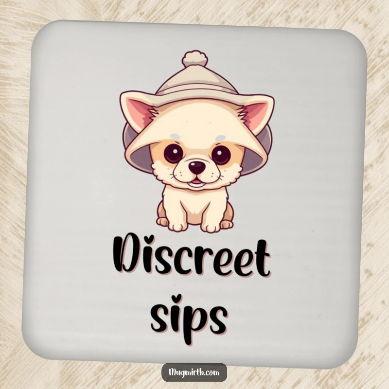 Funny drink coaster showing a tiny dog wearing a giant hat that covers its eyes, a cute and practical item.