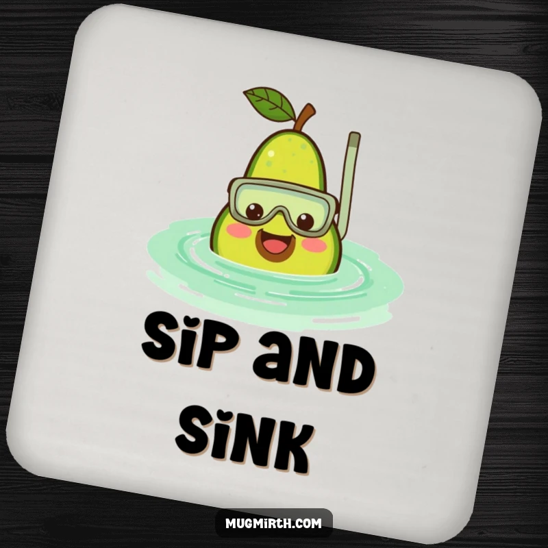 Funny avocado drink coasters showing a smiling fruit wearing a snorkel, sinking into a rippling green pool, offering humorous surface protection.