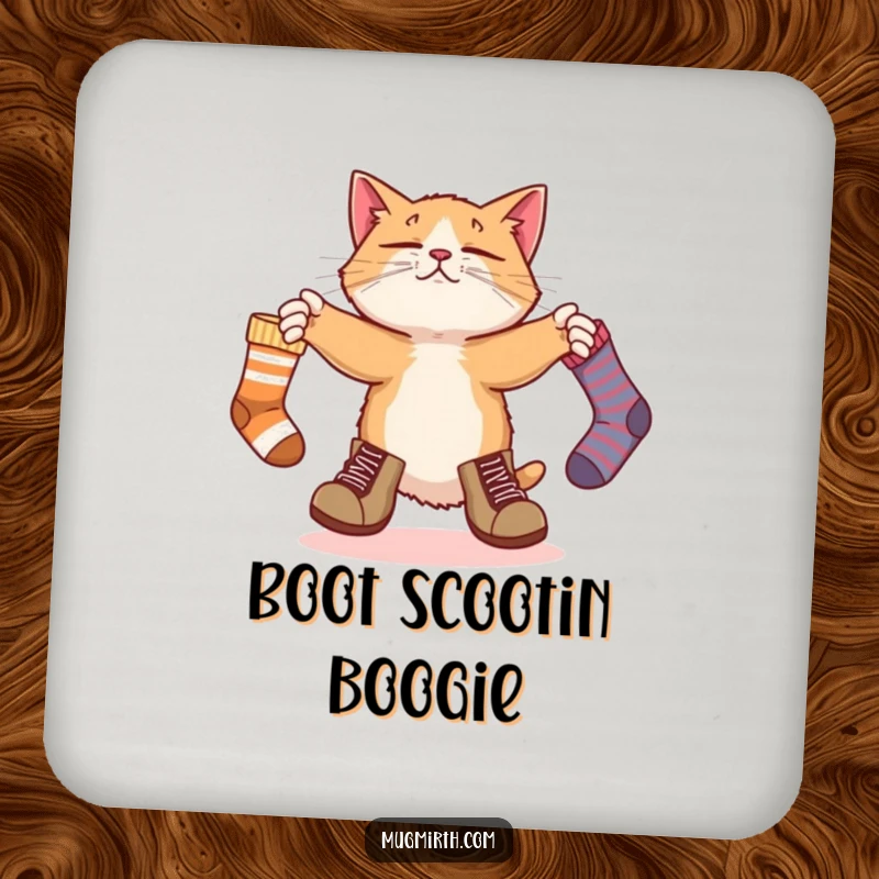 Funny coaster art: a bewildered cat in boots attempts to juggle three socks, adding humor to drink protection.