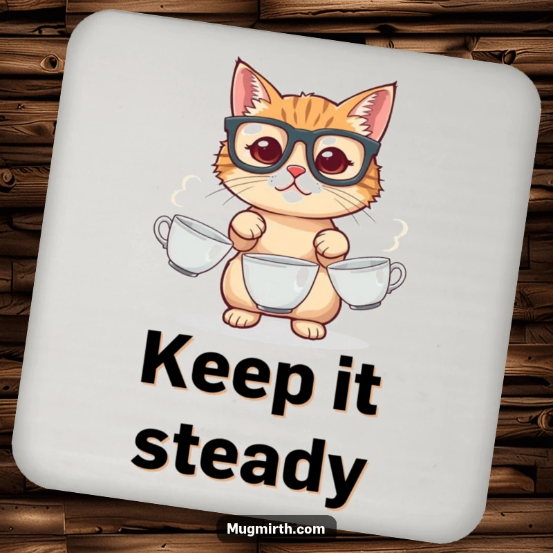 Funny cat coaster, with big glasses, juggling three teacups, a whimsical and functional accessory for any table.
