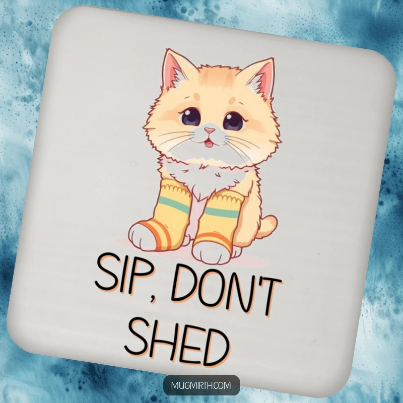 Funny coaster with a fluffy cat hilariously trying to wear oversized, mismatched socks, adding quirky and humorous protection to tables.