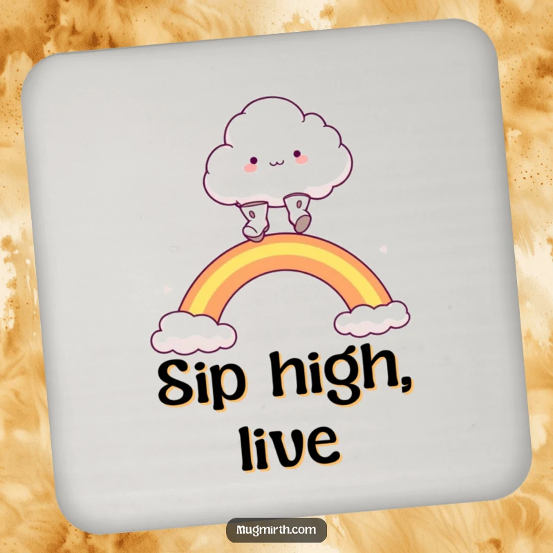 Funny fluffy cloud character in tiny boots, joyfully leaping over a rainbow, protecting surfaces. A practical and funny drink coaster.