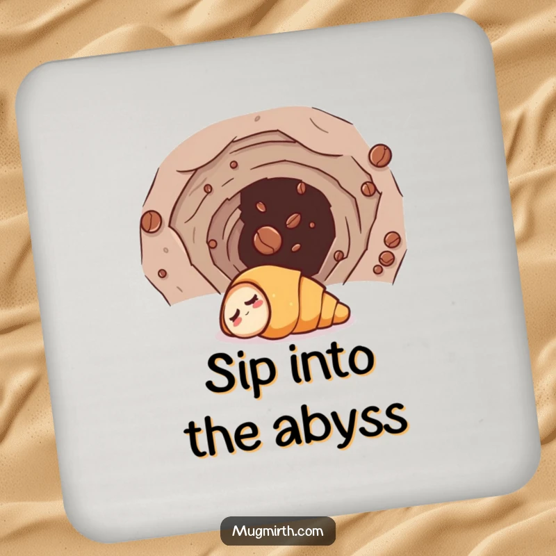 Funny drink coaster with a sleepy croissant comically entering a wormhole, led by a coffee bean, protecting furniture with humor.