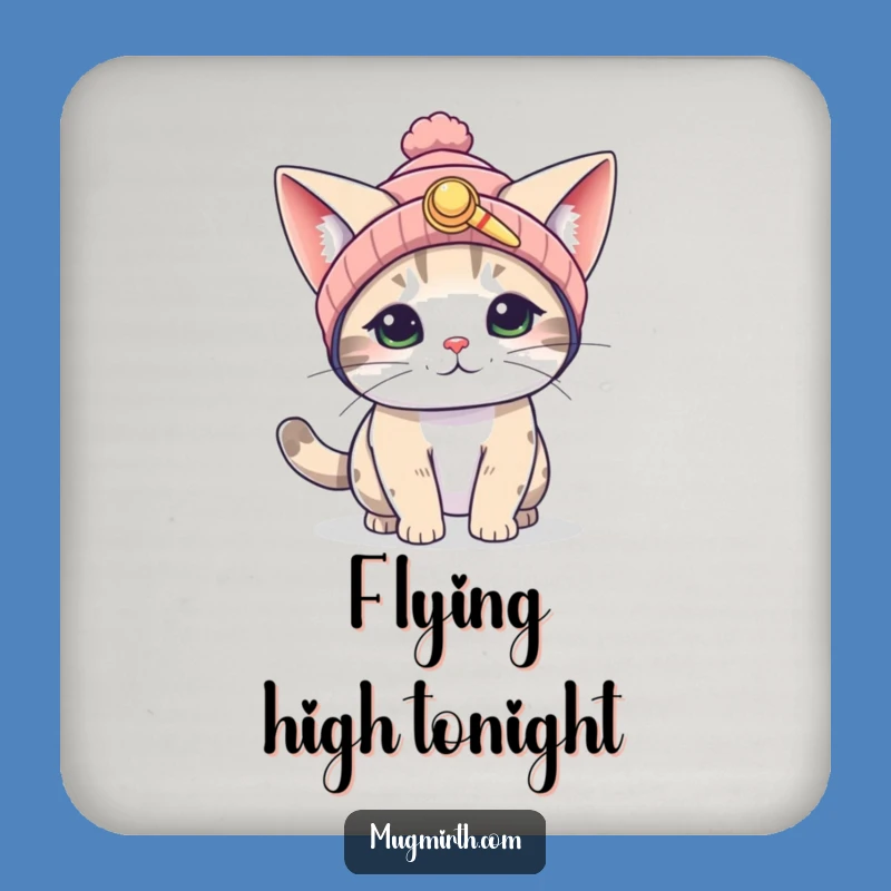 Funny Flying Cat Coaster: Propeller Beanie protector, a hilarious gift for table surfaces.