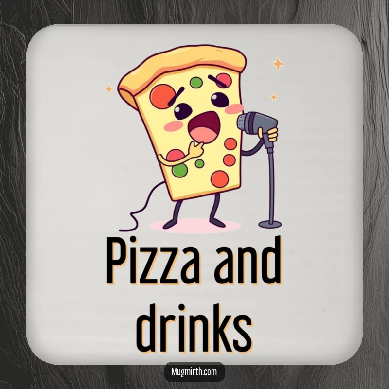 Funny opera pizza coaster featuring a slice of pizza singing opera into a microphone. Protects surfaces with humor.
