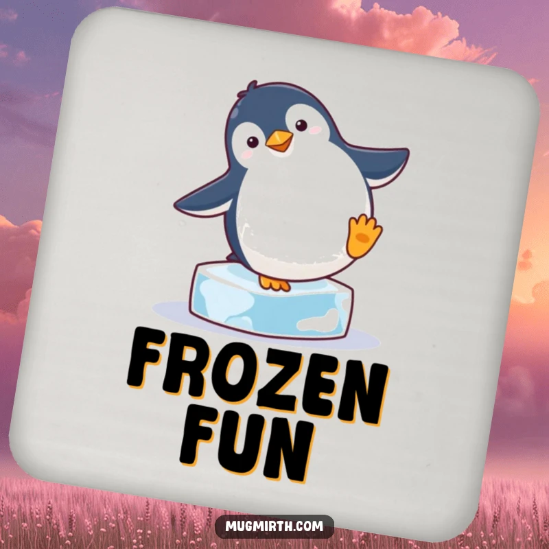 Funny penguin attempting a handstand on a tiny ice cube, providing humorous protection for drinks and surfaces.