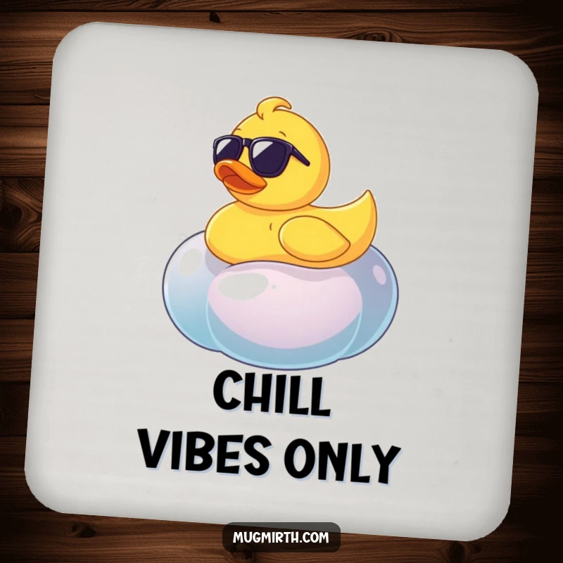 Funny rubber ducky in sunglasses on a wobbly jellybean, a humorous and protective drink coaster.
