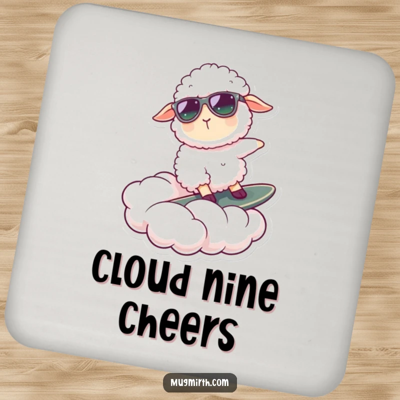 Funny drink coaster illustration of a cool sheep in sunglasses surfing a cloud, a whimsical protective accessory.