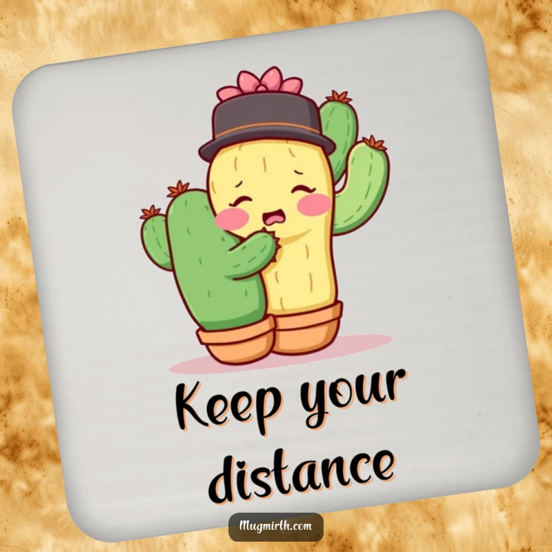 Funny shy cactus recoiling from a hug, a humorous and protective drink coaster.
