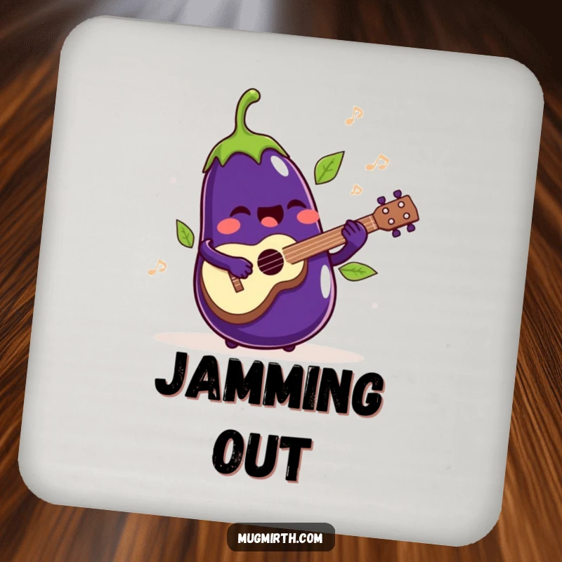 Funny Coaster: A singing eggplant playing a ukulele, its leaves jiggling rhythmically.
