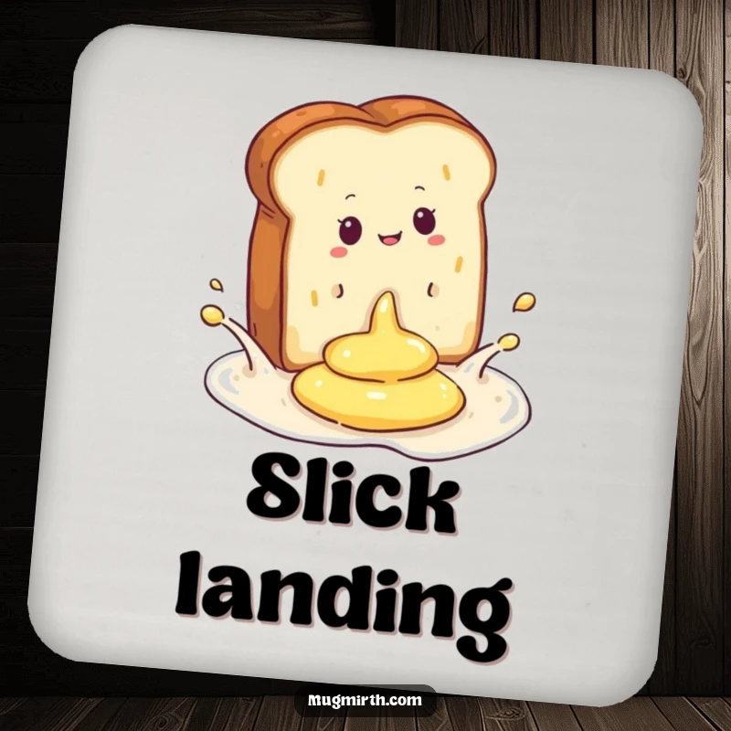Funny drink coaster displaying a slice of toast splashing into butter, a practical and humorous item for tabletops.