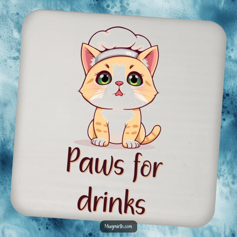 Funny cat chef coaster featuring a bewildered cat in a chef hat, dusted with flour. Protects surfaces with humor.