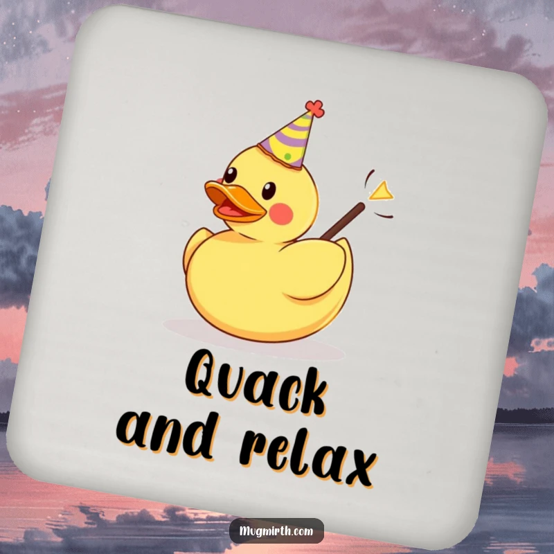 Funny coaster art: a rubber duck in a party hat is launched from a slingshot, adding humor to drink protection.
