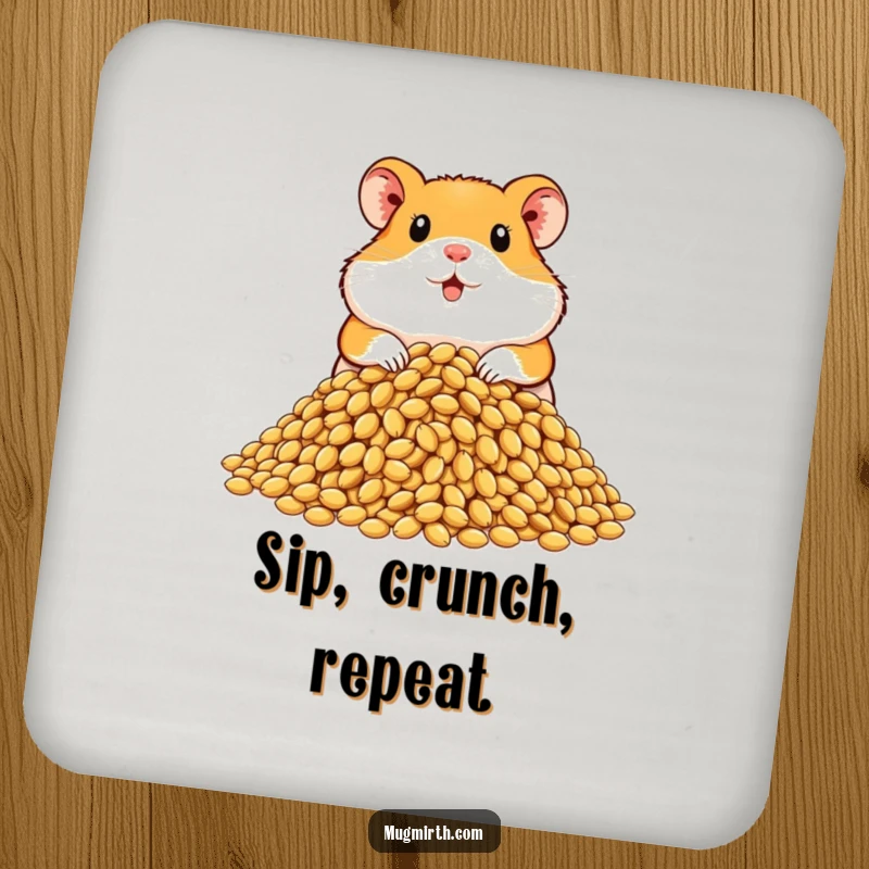 Funny hamster coaster featuring a proud rodent with a colossal pile of sunflower seeds, protecting surfaces with humor.