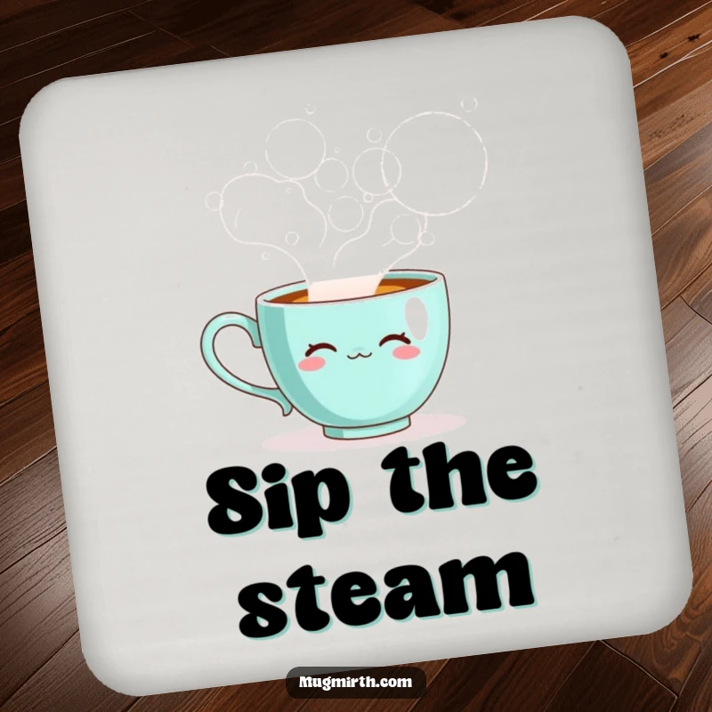Funny teacup drink coaster, a sentient cup blowing steam bubbles, protecting surfaces with whimsical humor.