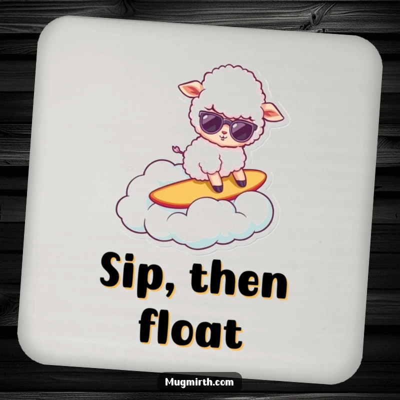 Funny sheep drink coaster, a cool sheep in sunglasses surfing on a cloud, protecting surfaces with humor.