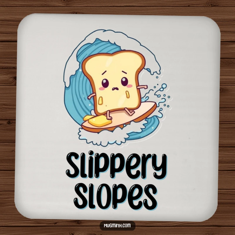 Funny toast coaster, butter dripping, bewildered surfer, riding a giant wave, a whimsical and protective accessory.