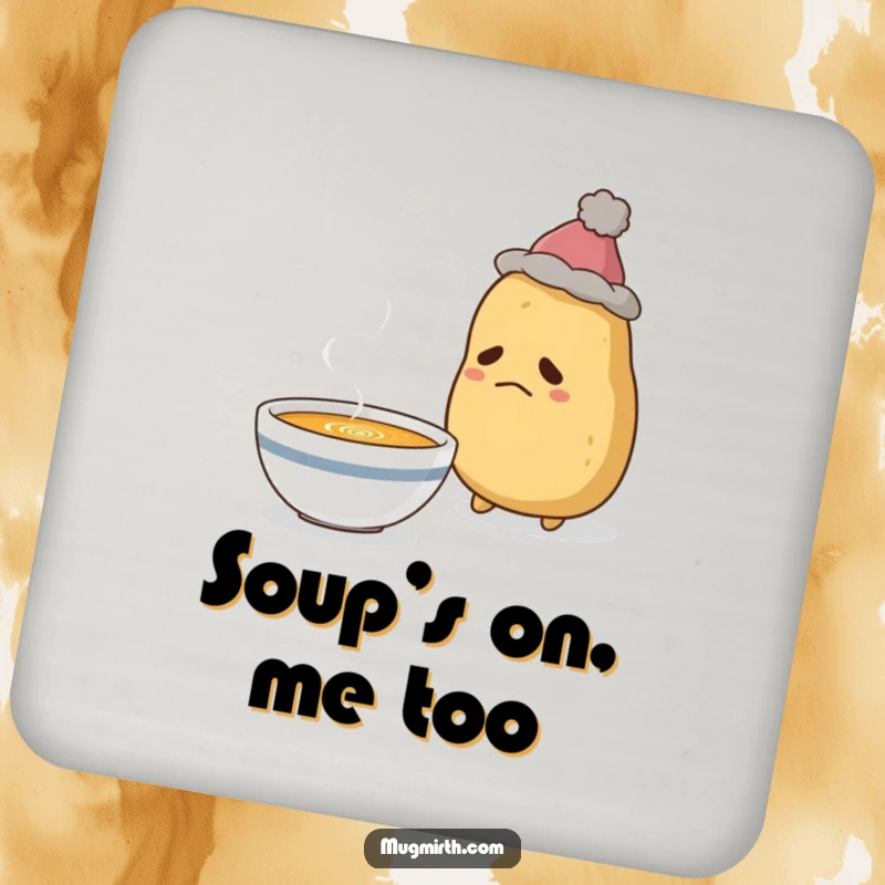 Funny Sad Potato Coaster: Protects surfaces with a sad potato in a hat, wistfully looking at soup.