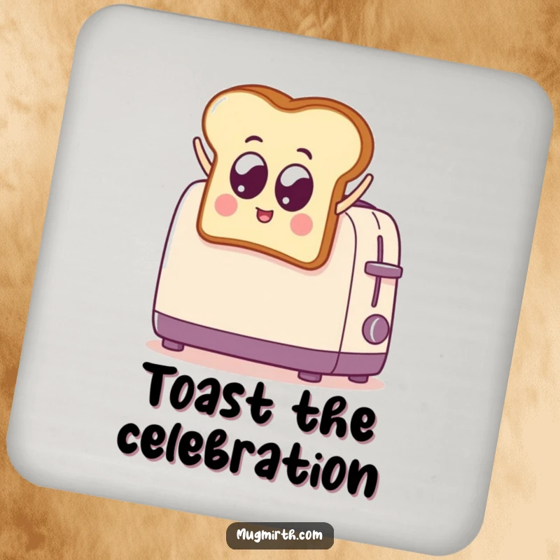 Funny Toast Jumps into Toaster Drink Coaster: A humorous coaster depicting a googly-eyed toast slice jumping into a toaster. Protects surfaces.