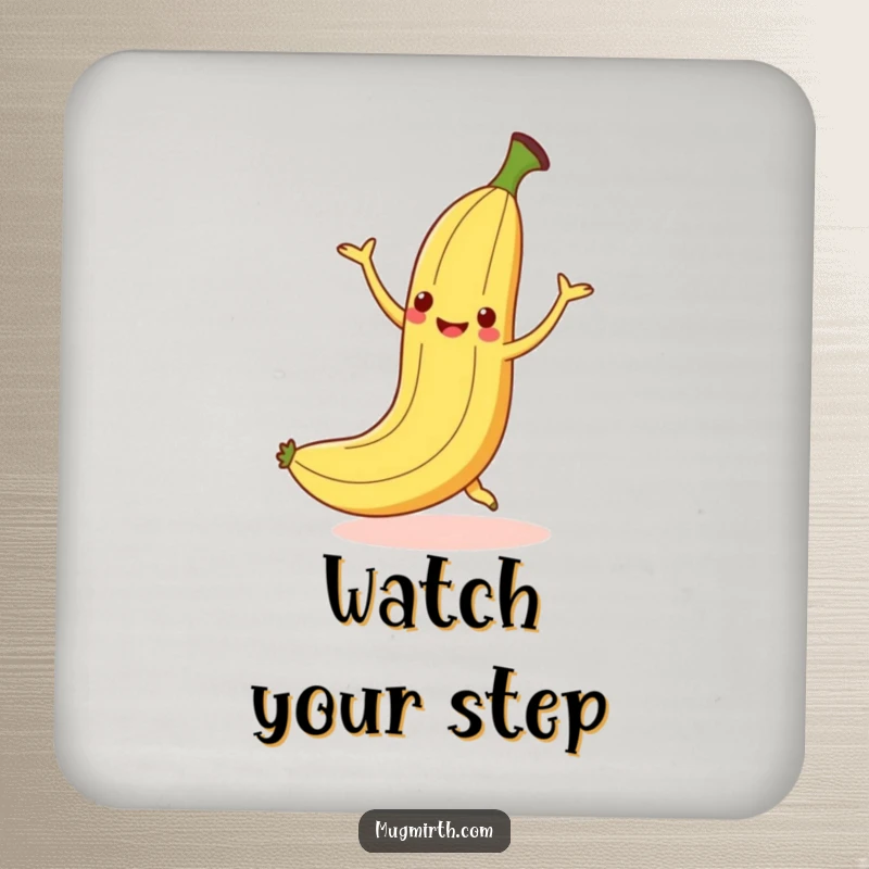 Funny dancing banana slipping on a peel but smiling, a humorous coaster.