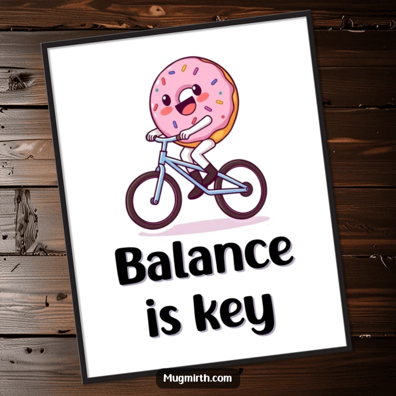 Funny donut poster, a donut character wobbling on a tiny unicycle, bringing sweet determination and humor to art.