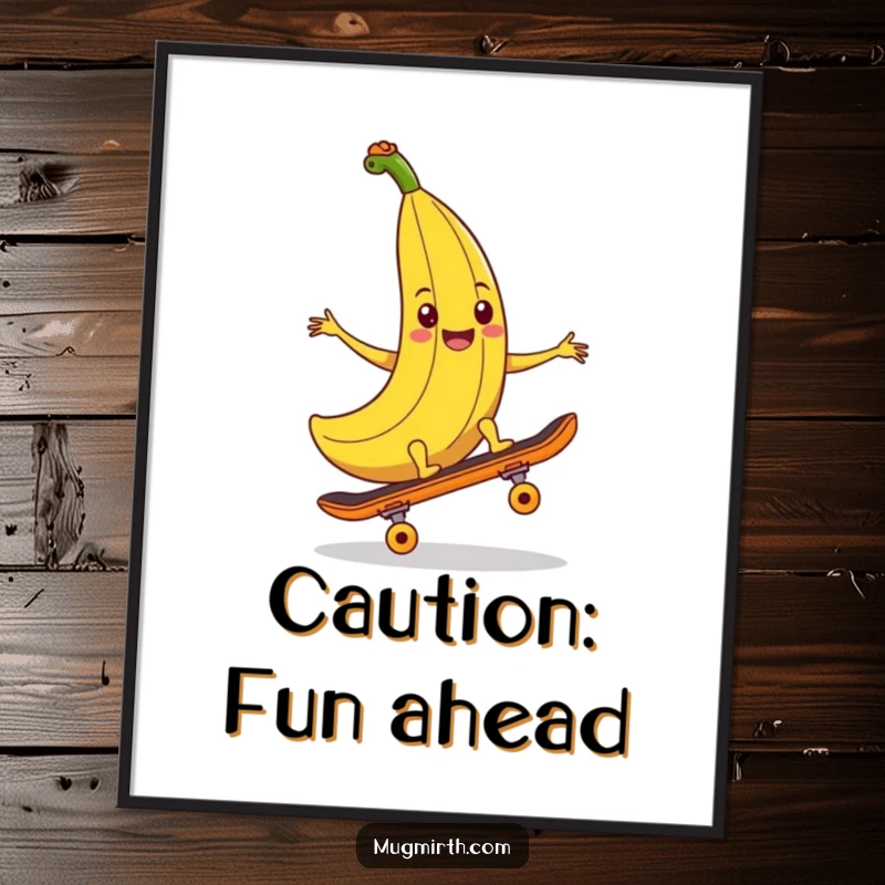 Funny banana peel poster, a smiling banana peel positioned to trip a skateboard, bringing timeless slapstick humor to art.