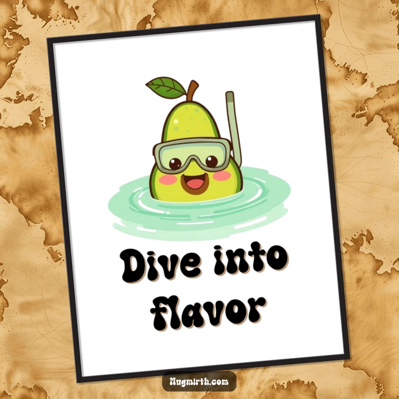 Funny avocado poster depicting a smiling fruit wearing a snorkel, sinking into a rippling green pool, adding whimsical humor to decor.