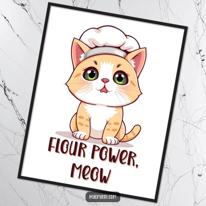 Funny cat chef poster of a bewildered cat wearing a chef hat, dusted with flour, looking completely lost. Humorous wall art.