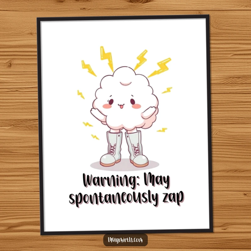 Funny poster art of a cloud wearing boots, humorously juggling bright lightning bolts against a sky background, creating a visually funny scene.