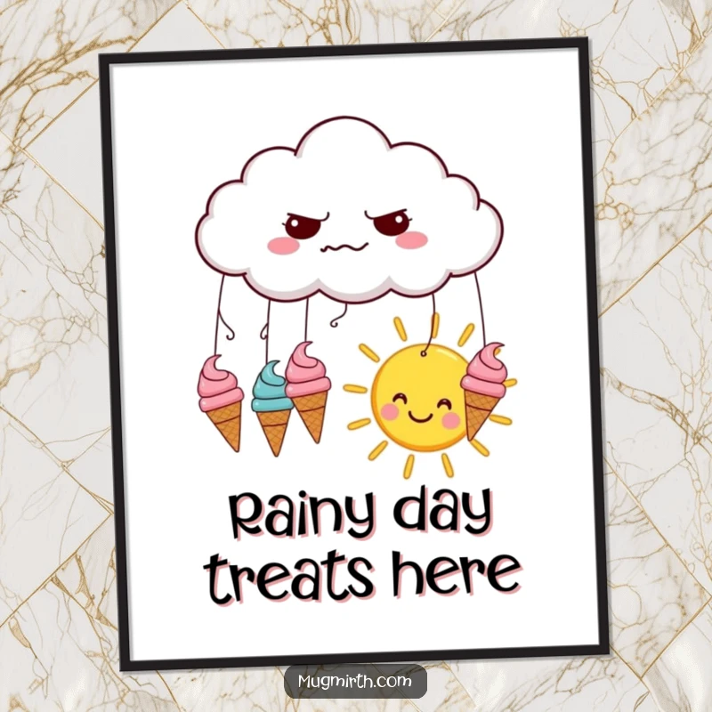 Funny poster art: a grumpy cloud rains perfect ice cream cones onto a beaming happy sun, a charming contrast.