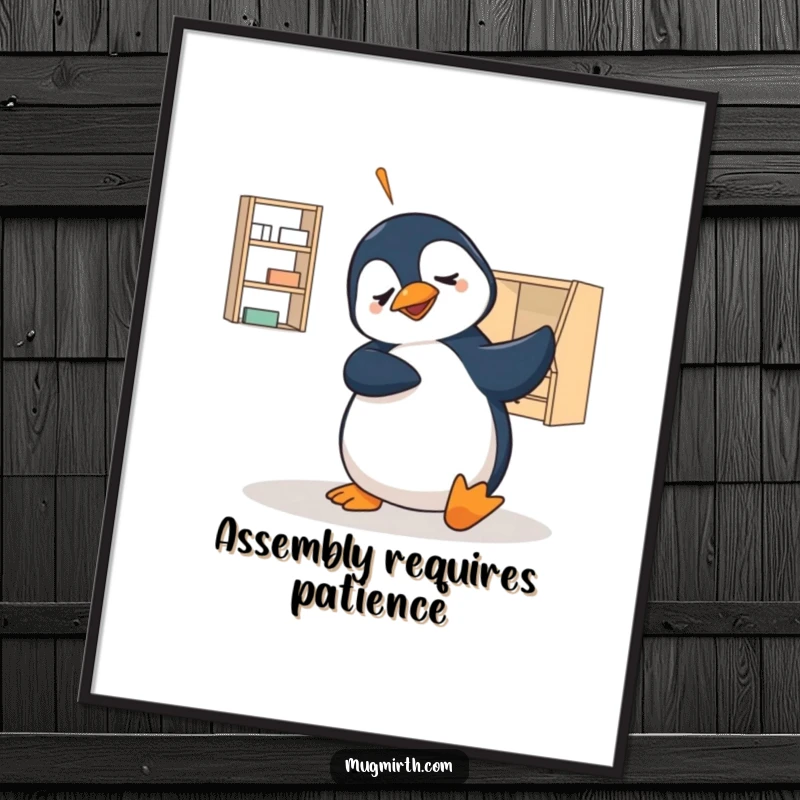 Funny poster print of a bewildered penguin comically struggling with flat-pack furniture pieces, a humorous wall art gift.