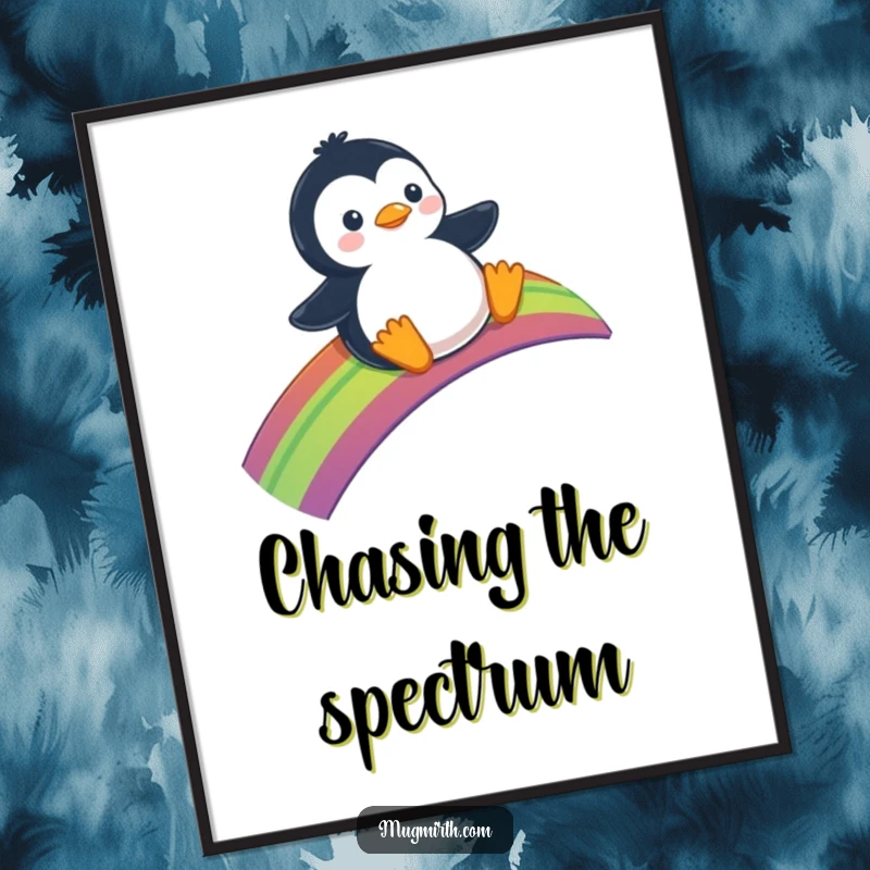 Funny Poster: Wall art of a penguin joyfully sliding down a vibrant, colorful rainbow.