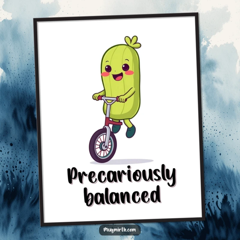 Funny Poster: Wall art of a smiling pickle wobbling on a unicycle with humorous precision.