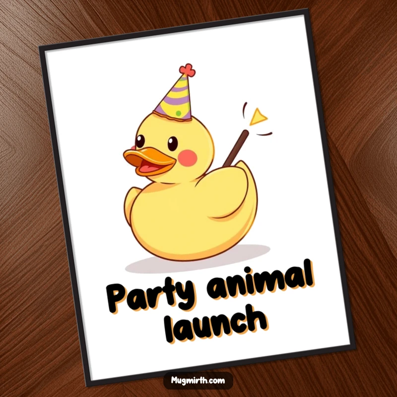 Funny poster art: a rubber duck in a party hat is launched with force from a slingshot, full of whimsical energy.