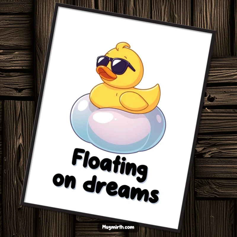 Funny rubber ducky wearing sunglasses on a giant wobbly jellybean, whimsical and humorous wall art.