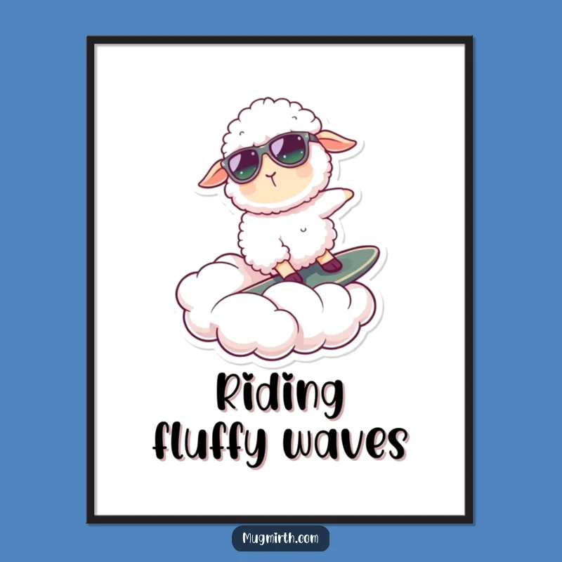 Funny Sheep Surfing Cloud Poster: Quirky Wall Art for Smiles