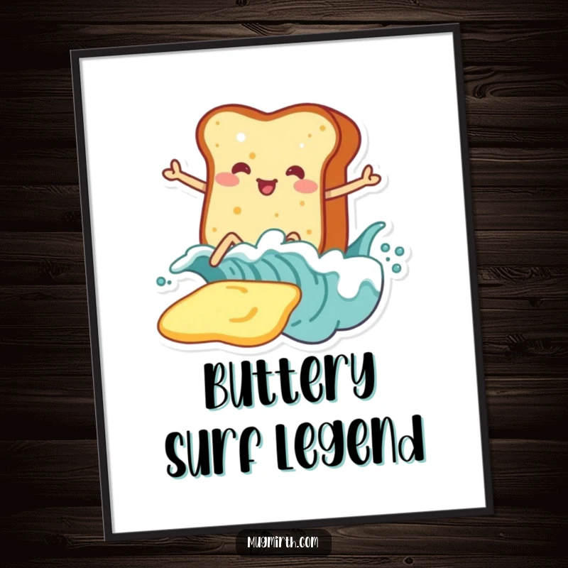 Funny Toast Poster: Playful art of toast with legs enthusiastically surfing a massive wave of butter, breakfast comedy.