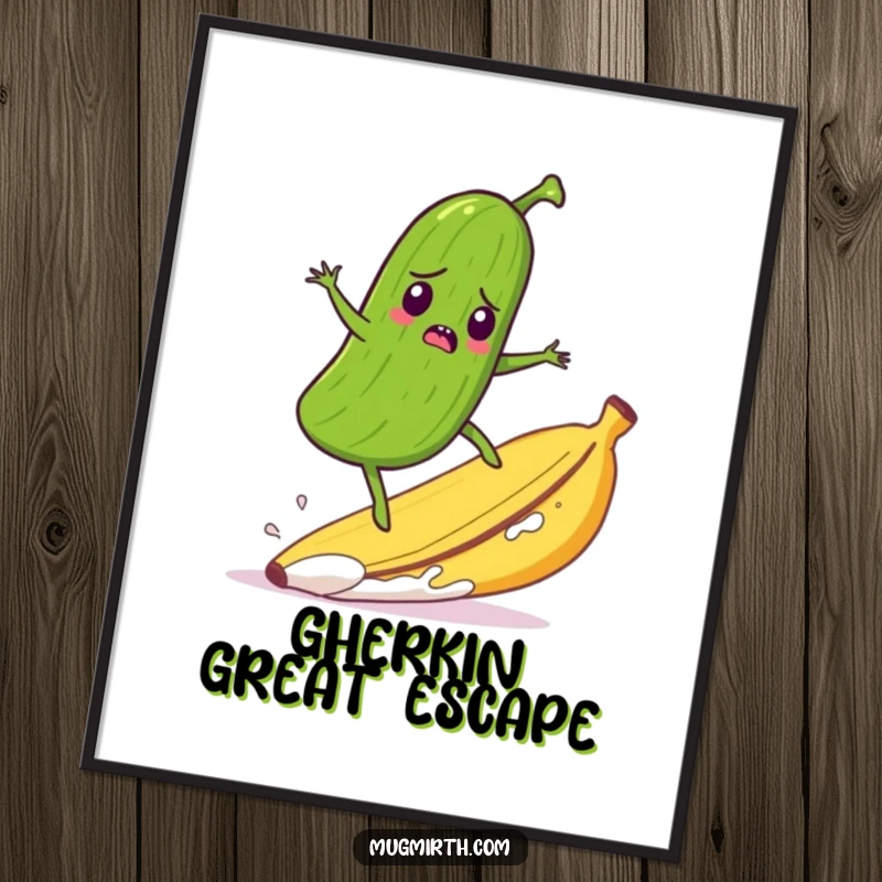 Funny poster art of a startled pickle comically surfing a runaway banana peel, creating a humorous action scene.