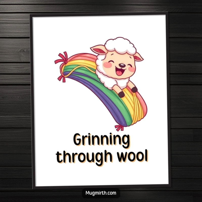Funny Sheep Poster: Playful art of a sheep joyfully sliding down a vibrant rainbow made of yarn with a comical grimace.